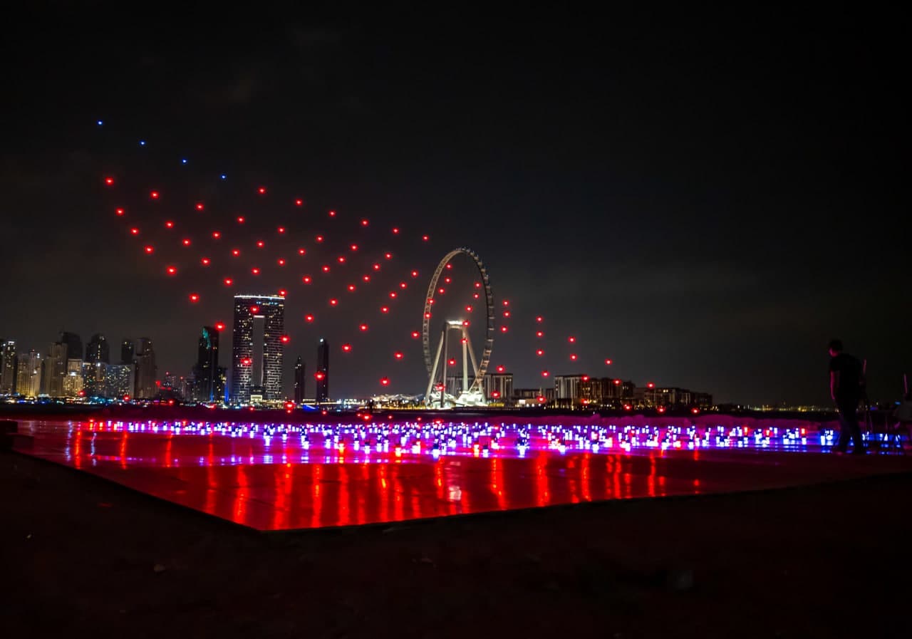 Drones setting and drones show on Bluewaters Island, Dubai