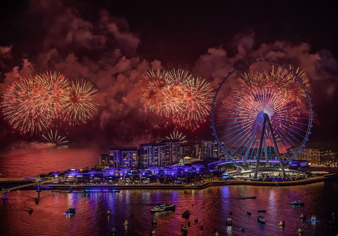 Pink and red Fireworks above the Bluewaters Island, Dubai